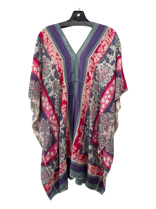 Johnny Was Size S Pink & Purple Print Silk Floral Tunic Stripe Smocked Waist Top Pink & Purple Print / S