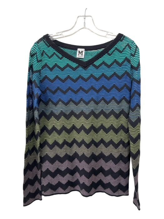 M by Missoni Size 42 Black, Blue & Green Cotton Blend Ombre Chevron V Neck Top Black, Blue & Green / 42