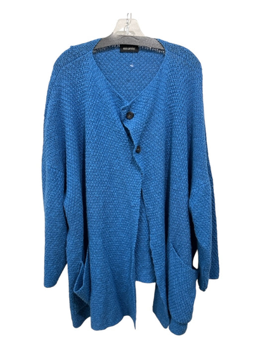 Eskandar Size M/L Blue Cotton Blend Knit Oversized 1 Button Pockets Sweater Blue / M/L