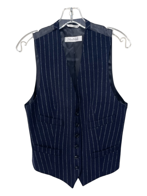 MaxMara Size 8 Navy Blue & Gray Virgin Wool Vertical Stripes Button Up Vest Top Navy Blue & Gray / 8