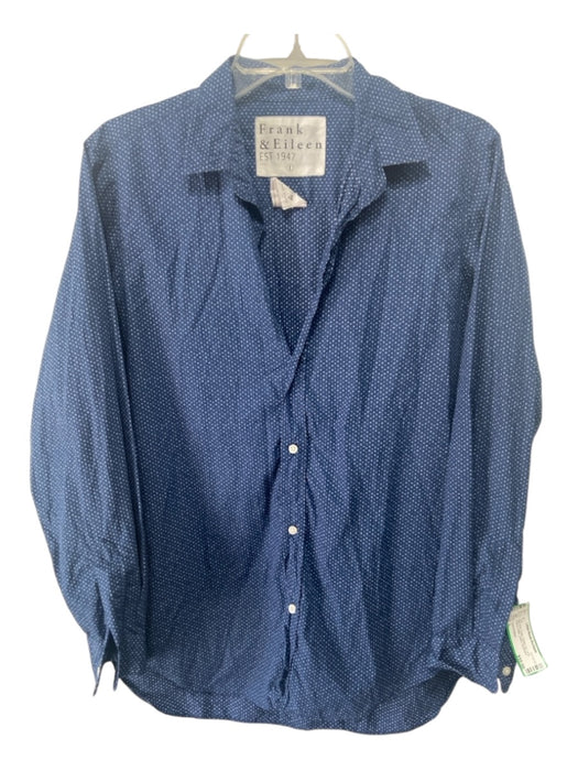 Frank & Eileen Size L Blue Print Cotton Button Up Long Sleeve Collar Letters Top Blue Print / L