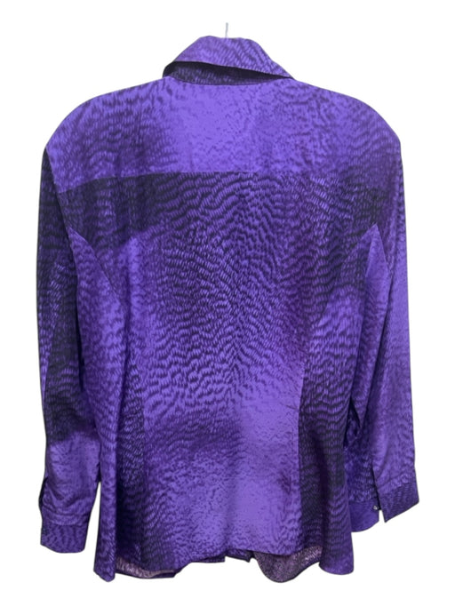 Escada Size 40 Purple Print Silk Button Up Long Sleeve Collar Ruffle Detail Top Purple Print / 40