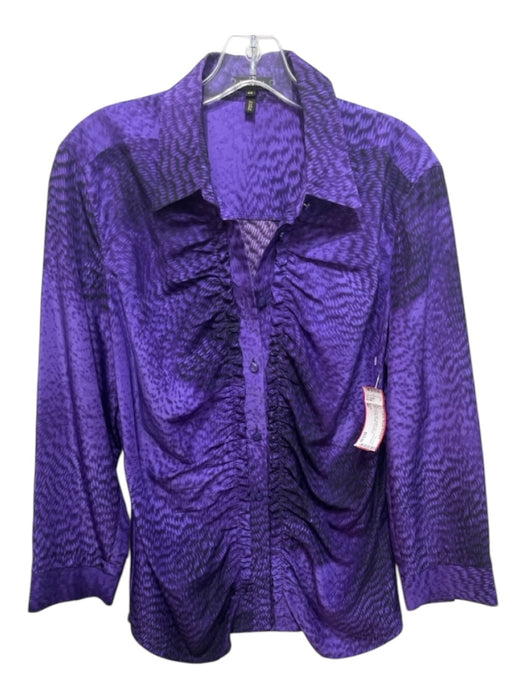 Escada Size 40 Purple Print Silk Button Up Long Sleeve Collar Ruffle Detail Top Purple Print / 40