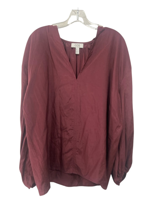 COS Size 10 Burgundy Red Silk & Cotton V Neck Long Puff Sleeve Top Burgundy Red / 10