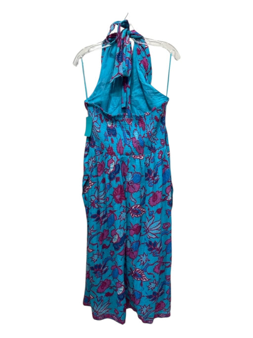 Caroline Constas Size L Blue & Pink Cotton Halter Top Floral Smocked Back Dress Blue & Pink / L