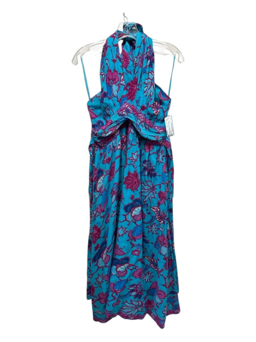 Caroline Constas Size L Blue & Pink Cotton Halter Top Floral Smocked Back Dress Blue & Pink / L