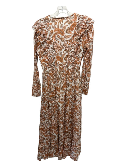 Maje Size 38 Orange & cream Cotton V Neck Floral Smocked Waist Maxi Dress Orange & cream / 38