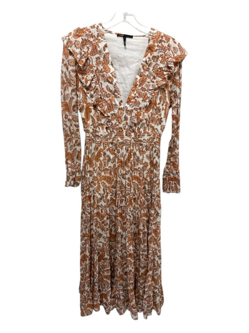 Maje Size 38 Orange & cream Cotton V Neck Floral Smocked Waist Maxi Dress Orange & cream / 38