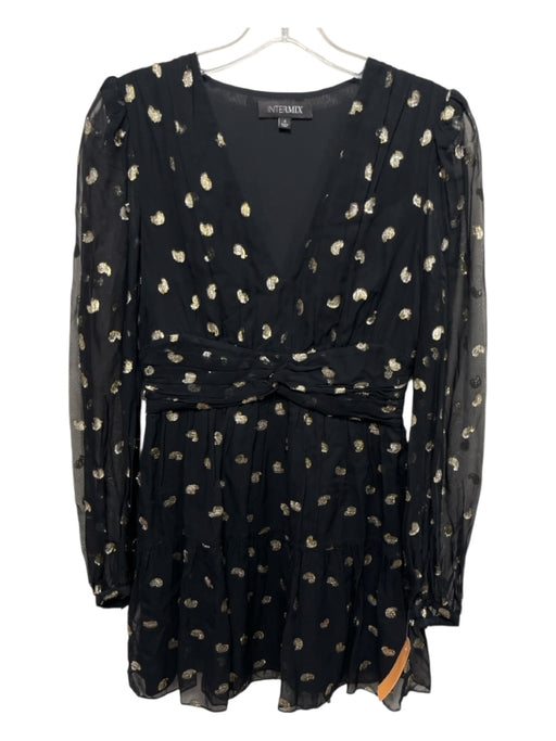 Intermix Size 4 Black & Gold Polka Dot Gathered Waist Above Knee Dress Black & Gold / 4
