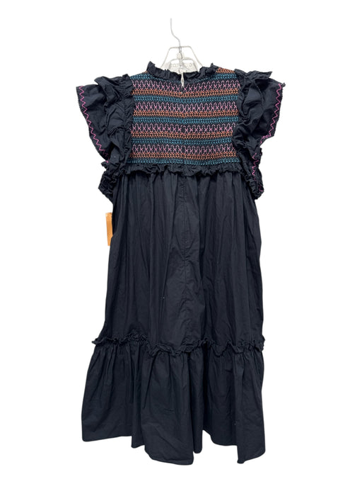 Love The Label Size Large Black & Multi Cotton Cap Ruffle Sleeve Back Zip Dress Black & Multi / Large
