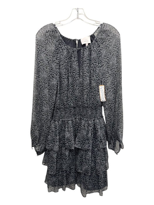 Cinq a Sept Size 2 Black & Gray Silk Long Sheer Sleeves Smocked Waist Dress Black & Gray / 2