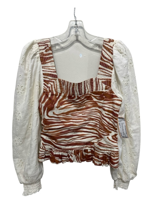 Love The Label Size XXS Cream & Brown Cotton Long Sleeve Eyelet Detail Top Cream & Brown / XXS