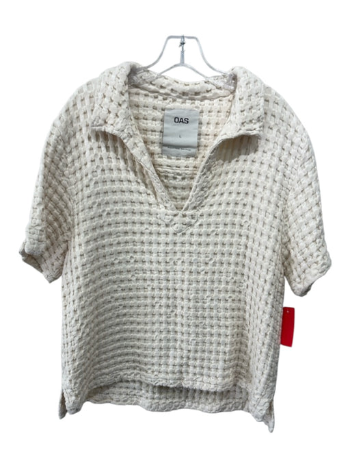 Oas Size L Cream Cotton Waffle Short Sleeve V Neck Collar Sweater Cream / L
