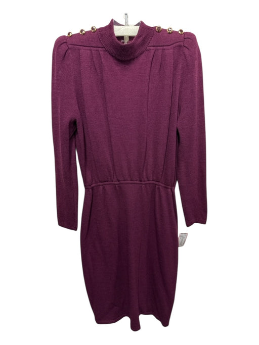 St John Plum Wool Blend Rib Knit Mock Neck Long Sleeve Gold Button detail Dress Plum