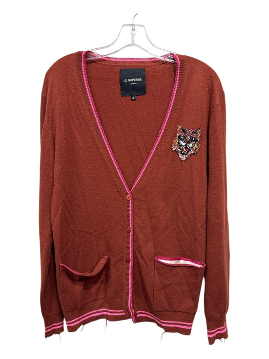 Le Superbe Size S Maroon & Pink Cashmere Metallic Accent Cat Patch Cardigan Maroon & Pink / S