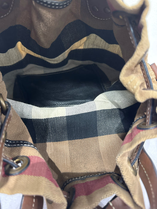 Burberry Black, Brown, White Canvas & Leather Top Handles Plaid Pouchette Bag
