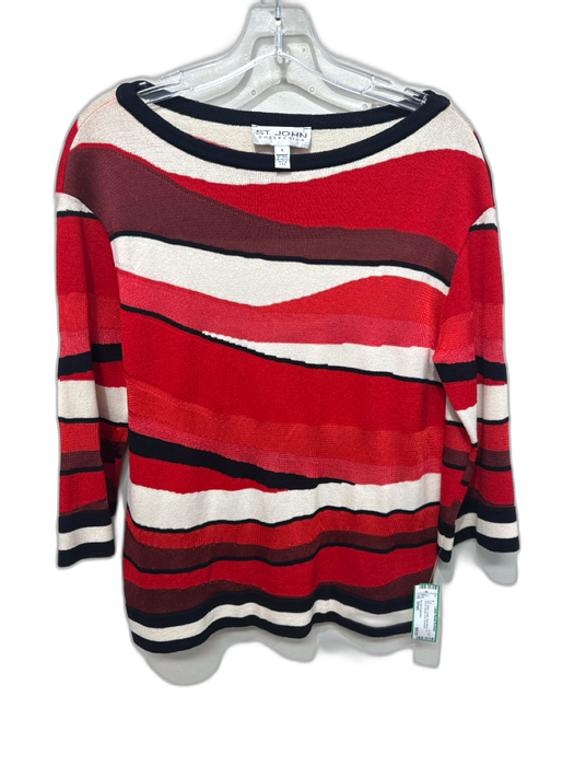 St John Collection Size Small Red, Black, Cream Wool Blend 3/4 Sleeve Knit Top Red, Black, Cream / Small