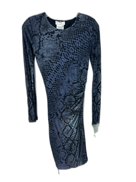 Fuzzi Size Small Blue, Gray, Black Viscose Blend Long Sleeve Velvet Ruched Dress Blue, Gray, Black / Small