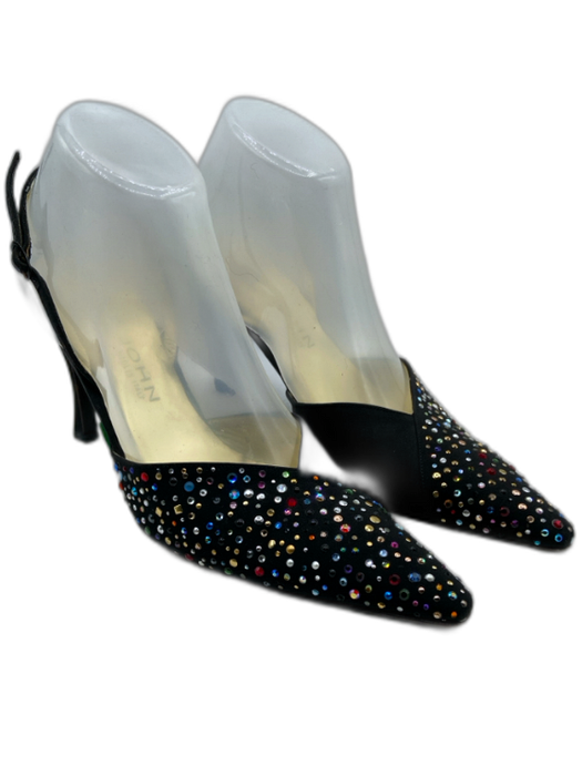 St John Shoe Size 8 Black & Multi Leather & Textile Rhinestone Pointed Toe Pumps Black & Multi / 8
