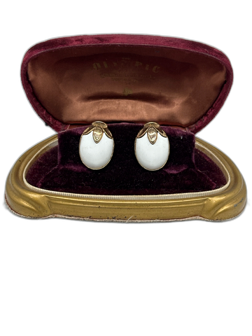 Trifari Gold & White Enamel Gold Tone Hardware Egg Clip On Earrings Gold & White