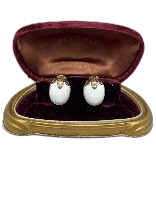 Trifari Gold & White Enamel Gold Tone Hardware Egg Clip On Earrings Gold & White