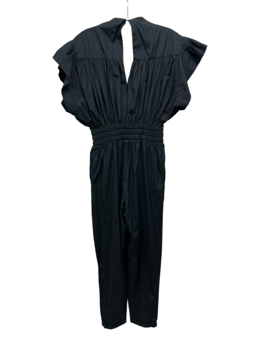IRO Size 36 Black Cotton Ruffle Cap Sleeve V Neck Smocked Waist Jumpsuit Black / 36
