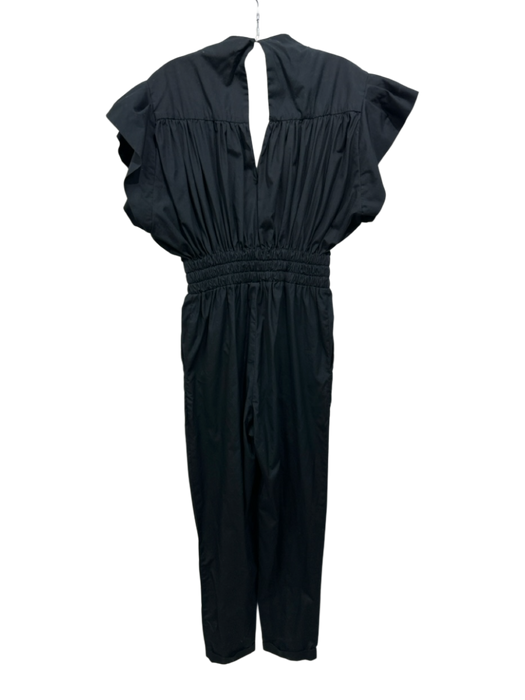 IRO Size 36 Black Cotton Ruffle Cap Sleeve V Neck Smocked Waist Jumpsuit Black / 36