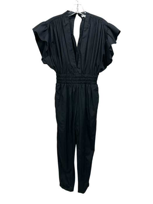 IRO Size 36 Black Cotton Ruffle Cap Sleeve V Neck Smocked Waist Jumpsuit Black / 36