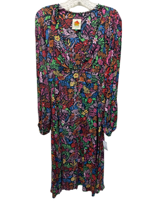 Farm Rio Size M Black & Multi Viscose Floral V Neck Button Front Dress Black & Multi / M