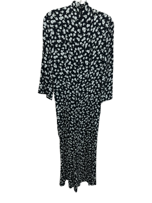 Rixo Size 6 Black & Light Blue Viscose Floral V Neck Tie Neck Flare Leg Jumpsuit Black & Light Blue / 6