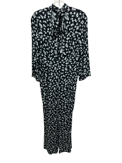 Rixo Size 6 Black & Light Blue Viscose Floral V Neck Tie Neck Flare Leg Jumpsuit Black & Light Blue / 6