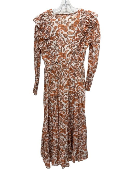 Maje Size 38 White & Orange Cotton Paisley Long Sleeve V Neck Dress White & Orange / 38