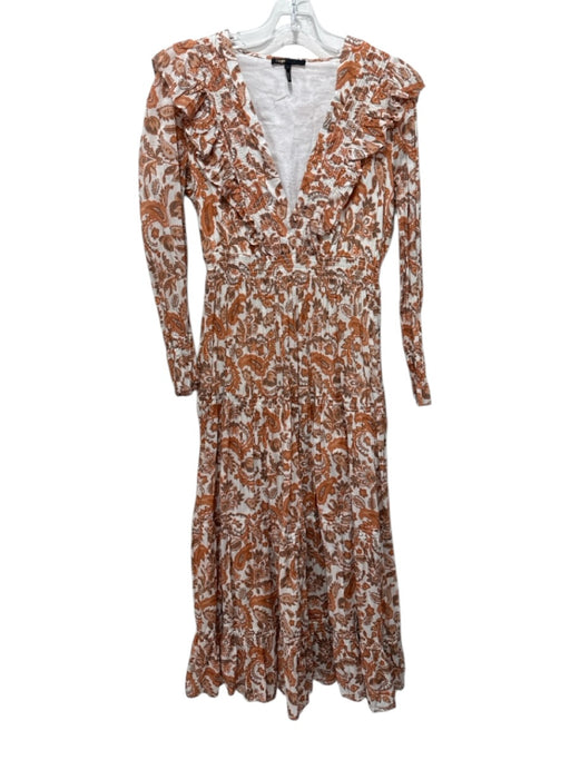 Maje Size 38 White & Orange Cotton Paisley Long Sleeve V Neck Dress White & Orange / 38