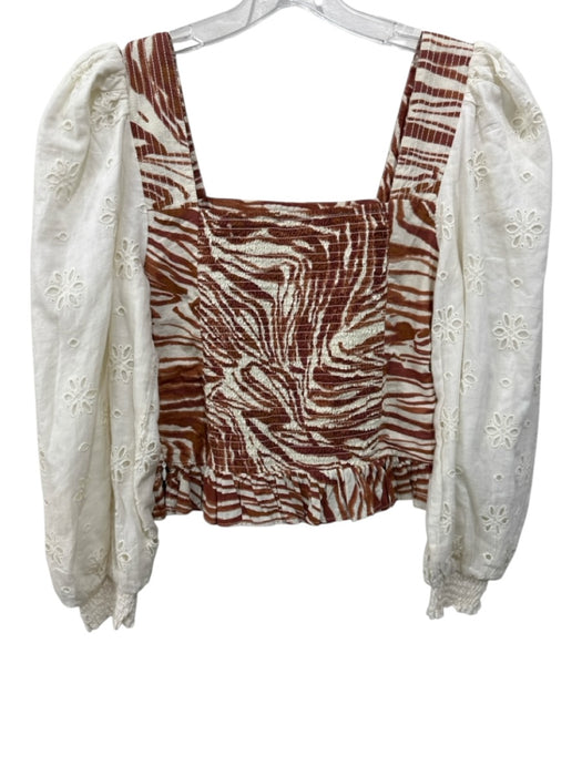 Love The Label Size XXS White & Brown Cotton Smocked Back Eyelet Lace Top White & Brown / XXS