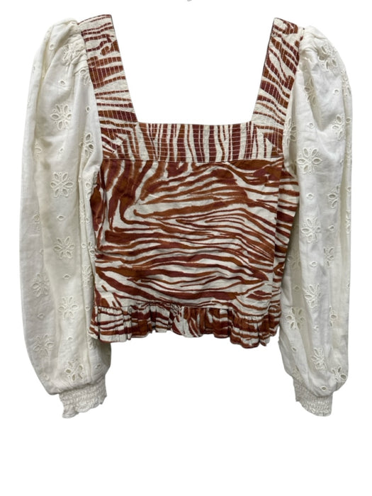 Love The Label Size XXS White & Brown Cotton Smocked Back Eyelet Lace Top White & Brown / XXS