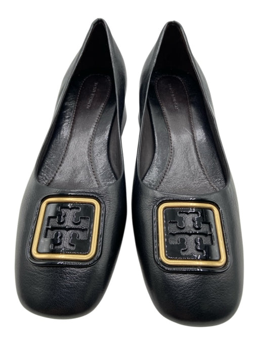 Tory Burch Shoe Size 8 Black & Gold Leather Logo Stacked Heel Round Toe Shoes Black & Gold / 8