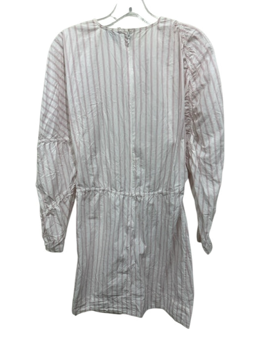 Ganni Size 34 White & Pink Cotton Striped Button Shoulders Long Sleeve Dress White & Pink / 34