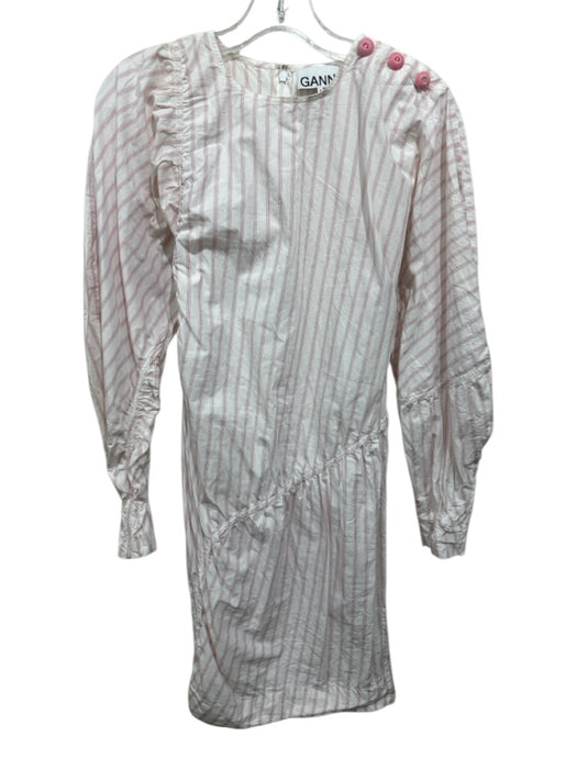 Ganni Size 34 White & Pink Cotton Striped Button Shoulders Long Sleeve Dress White & Pink / 34
