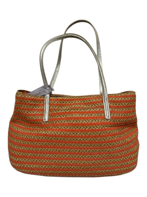 Eric Javits Orange & Gold Raffia & Leather Striped Woven Metallic Detail Bag Orange & Gold