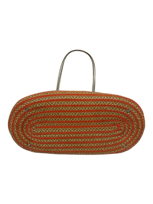 Eric Javits Orange & Gold Raffia & Leather Striped Woven Metallic Detail Bag Orange & Gold