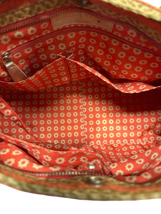 Eric Javits Orange & Gold Raffia & Leather Striped Woven Metallic Detail Bag Orange & Gold