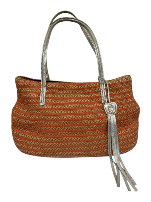 Eric Javits Orange & Gold Raffia & Leather Striped Woven Metallic Detail Bag Orange & Gold