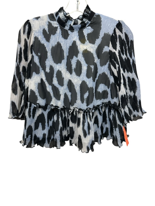 Ganni Size 34 Blue & Black Polyester Leopard Print Accordion Pleat Back Zip Top Blue & Black / 34