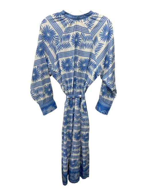 Bella Tu Size L White & Blue Cotton Floral Long Sleeve Button Front Midi Dress White & Blue / L