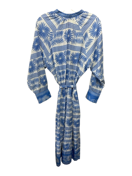Bella Tu Size L White & Blue Cotton Floral Long Sleeve Button Front Midi Dress White & Blue / L