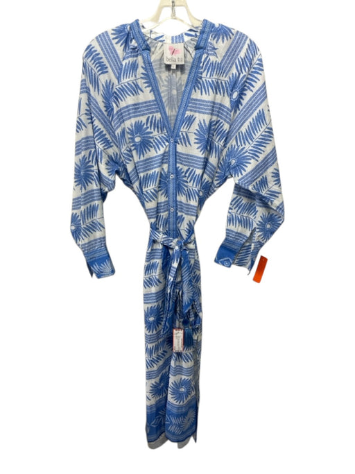 Bella Tu Size L White & Blue Cotton Floral Long Sleeve Button Front Midi Dress White & Blue / L
