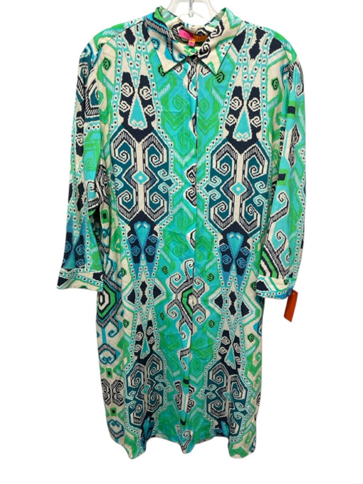 Vilagallo Size 46 Green, Blue & Cream Rayon Blend Geometric Long Sleeve Dress Green, Blue & Cream / 46