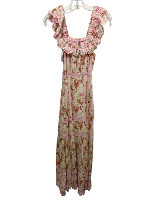 barok Size S Beige & Pink Cotton Lace Accents Floral Ruffle Trim Maxi Dress Beige & Pink / S