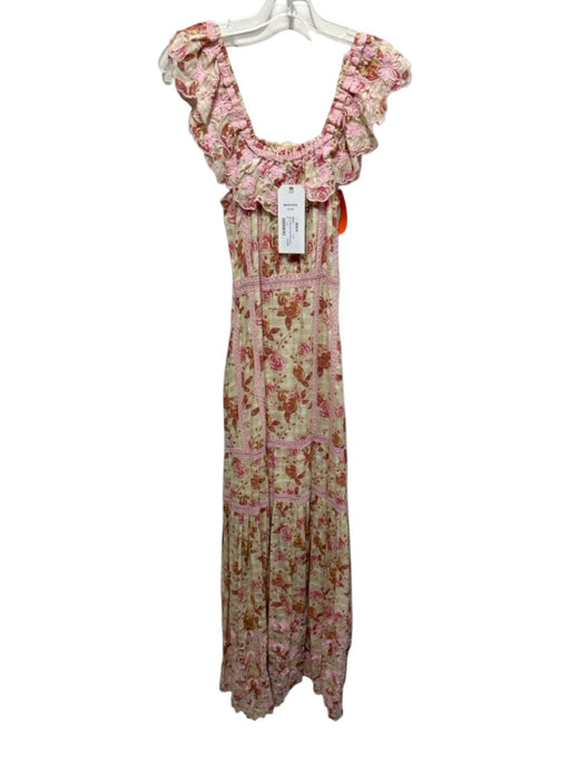 barok Size S Beige & Pink Cotton Lace Accents Floral Ruffle Trim Maxi Dress Beige & Pink / S