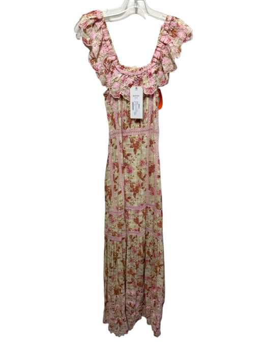 barok Size S Beige & Pink Cotton Lace Accents Floral Ruffle Trim Maxi Dress Beige & Pink / S